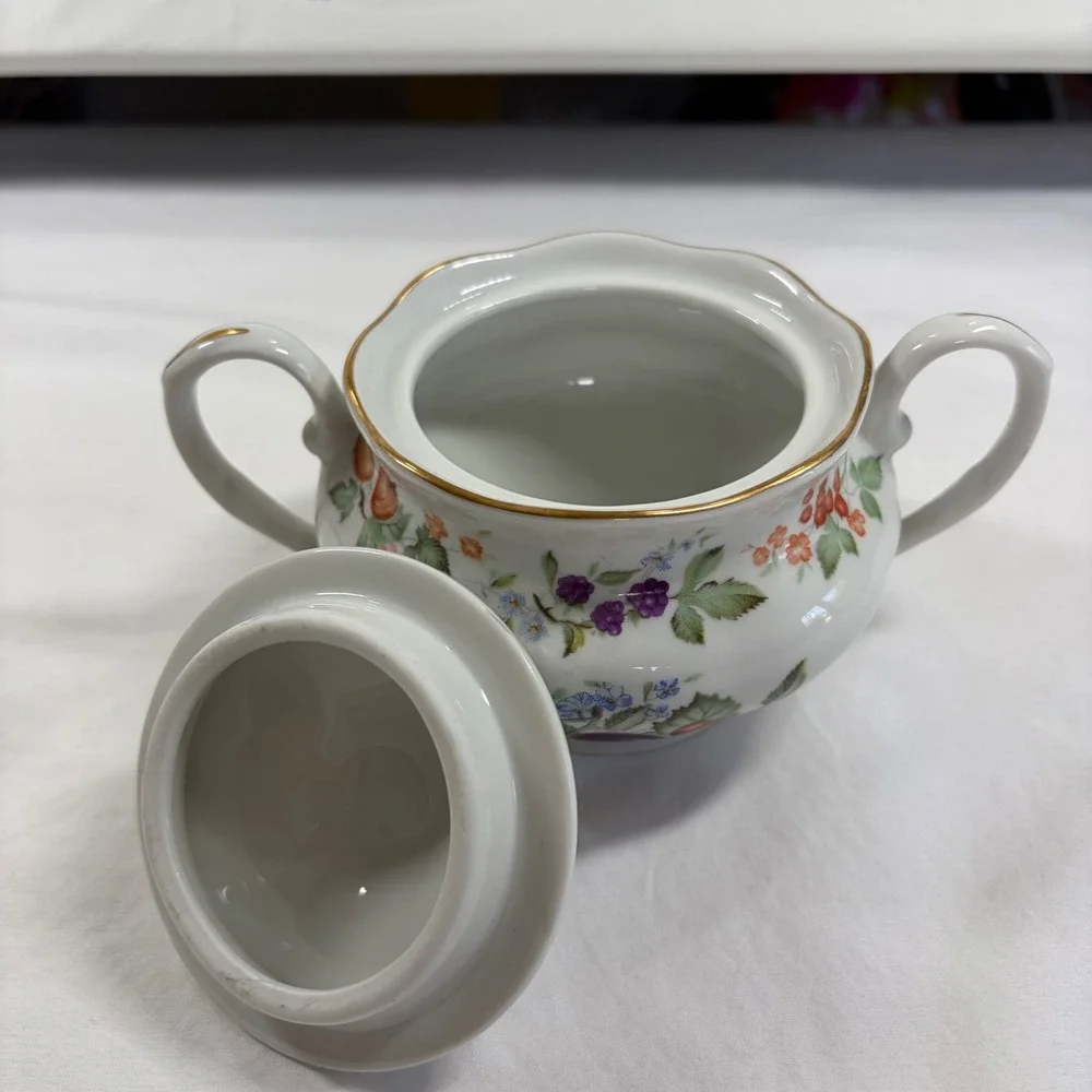 Karolina Poland Porcelain Sugar Bowl and Creamer Set Fruit Floral Gold Trim